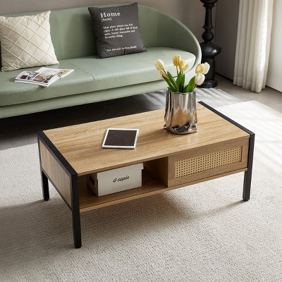 KTMBDW Mid Century Coffee Table with Storage, Accent Center Tables with Sliding PE Rattan Woven Door Panel,Suitable for Living Room,Apartment