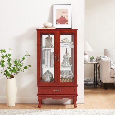 FURNIinspire Utility Storage Cabinets Glass Cabinet Bar Cabinet, Display Cabinet With Adjustable Shelves, Cherry Brown, 11.81"*25.98"*49.4"