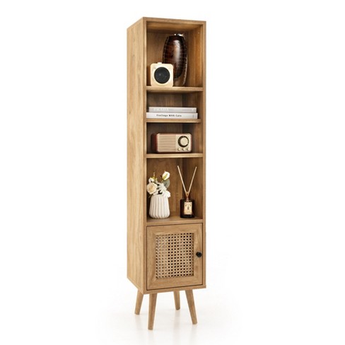 Boho Style Slim Tall Cabinet with Rattan Door, Mid Century Modern