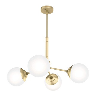 Hunter Fan Company Hepburn 4 Bulb Mid Century Frosted Globe Hanging Chandelier Indoor Light Fixture with Painted Modern Brass Finish