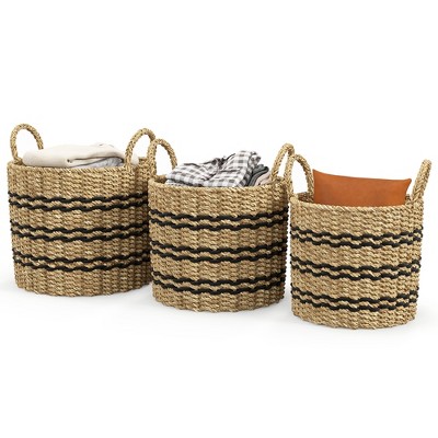 Tangkula Seagrass Basket Set of 3 Stackable Storage Bins w/ Handles Home Organizers