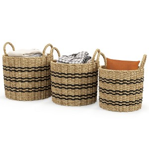 Tangkula Seagrass Basket Set of 3 Stackable Storage Bins w/ Handles Home Organizers - 1 of 4