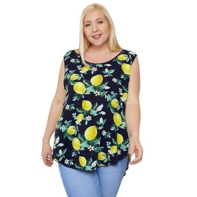 Slickblue Plus Lemon Print Top, Sleeveless with Lace Details & High-Low Hem, Casual Fit, Navy Lemon, 1XL