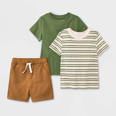 Image of Toddler Boys' 3pk Short Sleeve T-Shirt and French Terry Shorts Set - Cat & Jack™ Olive Green/Dapper Brown 12M