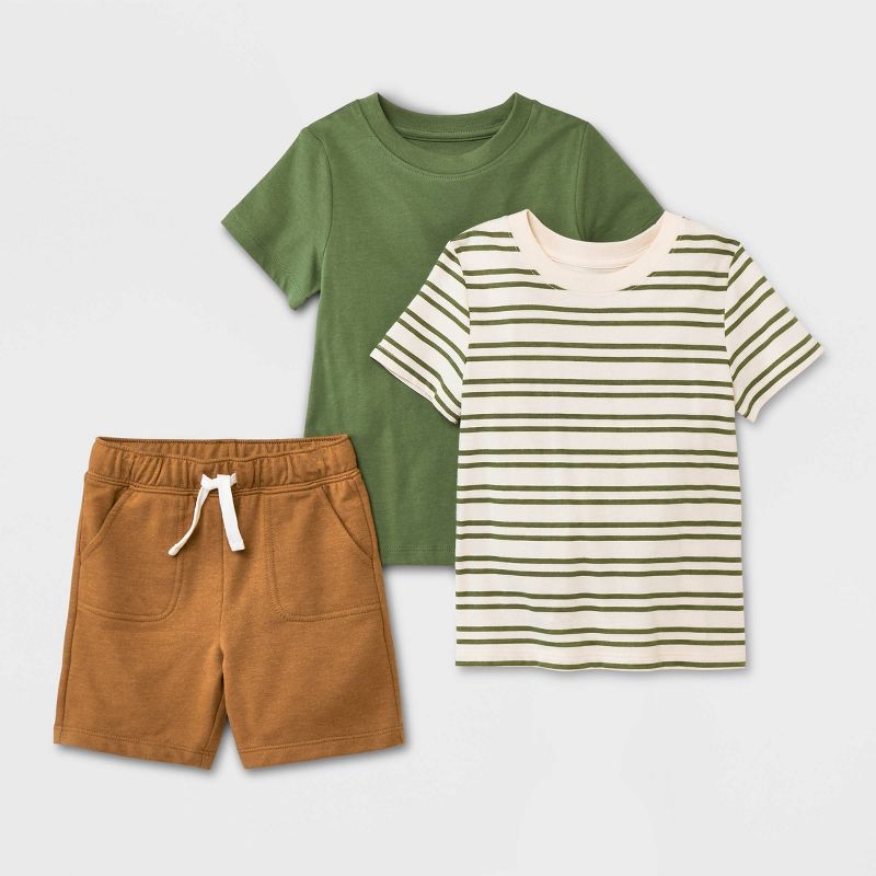 Toddler Boys' 3pk Short Sleeve T-Shirt and French Terry Shorts Set - Cat & Jack™ Olive Green/Dapper Brown, 1 of 6