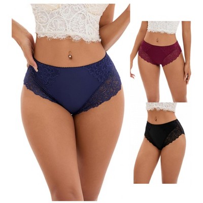 INSPIRE CHIC 3 Pcs Women's Wide Lace Trim Mid-Waisted Underwear Full Coverage Comfortable Briefs
