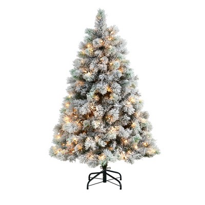 Nearly Natural 5-ft Flocked Oregon Pine Artificial Christmas Tree with 200 Clear Lights and 347 Bendable Branches