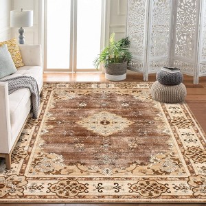 Coucheta Washable Bohemian Area Rug, Distressed Oriental Floral Pattern, Non-Slip Low Pile Carpet for Living & Dining Room, Bedroom, Nursery & Office - 1 of 4