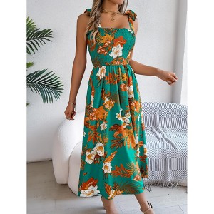 Womens Summer Dress Smocked Bust Adjustable Shoulder Tie Midi Beach Dress - 1 of 4