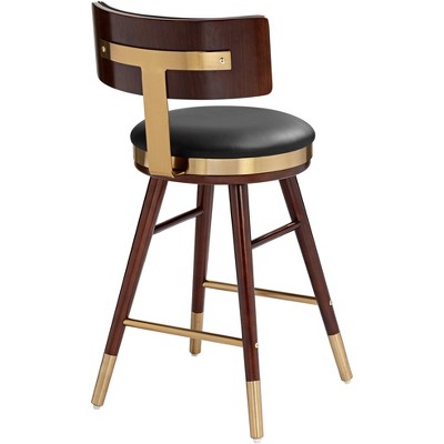 Walnut and Black Leather Counter Stool with Gold Metal Footrest