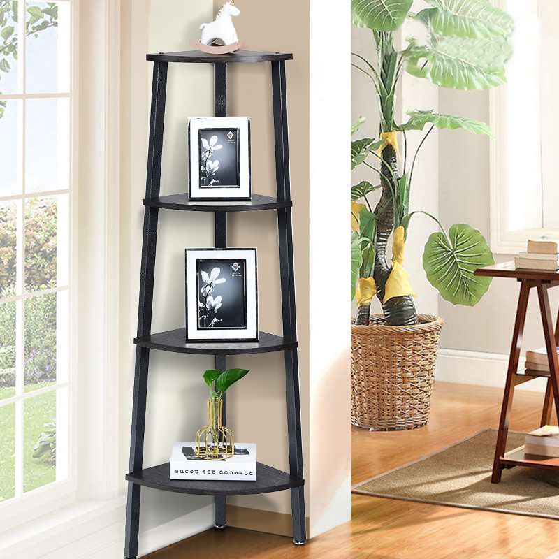 Costway 4-Tier Corner Shelf Metal Storage Rack Domestic Bookcase Display Stand Wood Grey, 3 of 11