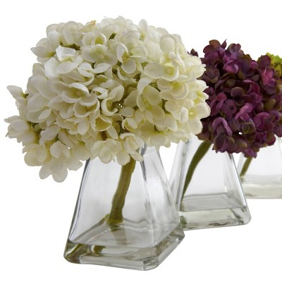 Set of 3 Multicolor Artificial Hydrangea Arrangements with Glass Vases