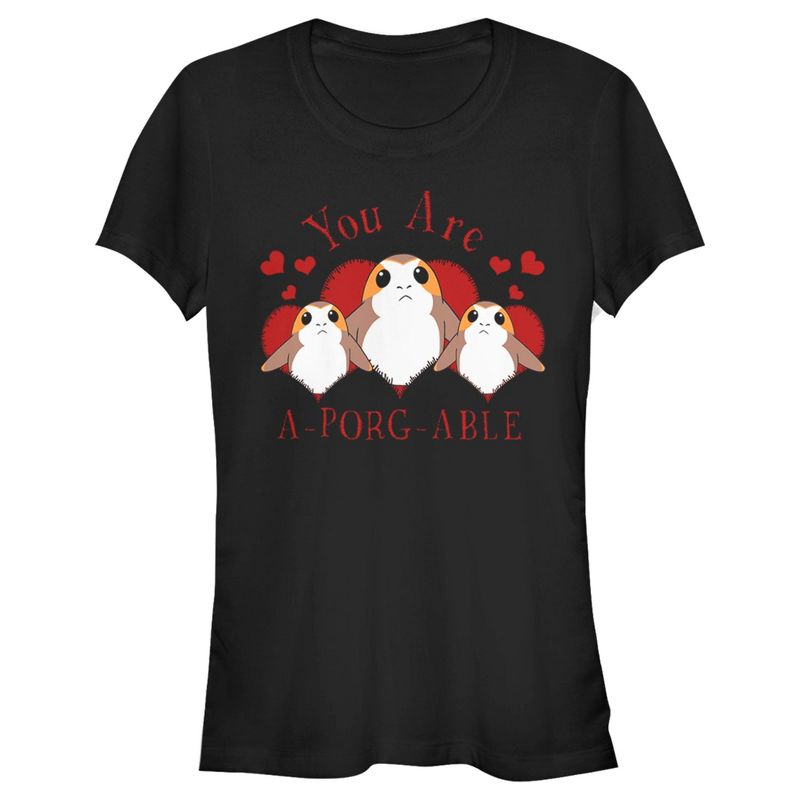 Juniors Womens Star Wars Valentine's Day You Are A-Porg-Able T-Shirt, 1 of 5