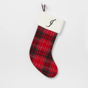 20" Plaid Monogram Christmas Holiday Stocking with Faux Fur Cuff Red/Green/White - Wondershop™ - 1 of 3