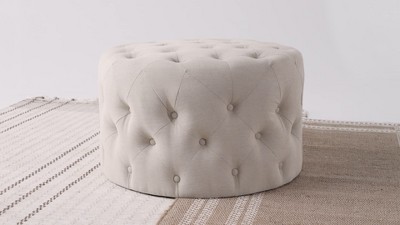 Taupe Tufted Round Fabric Ottoman Pouf