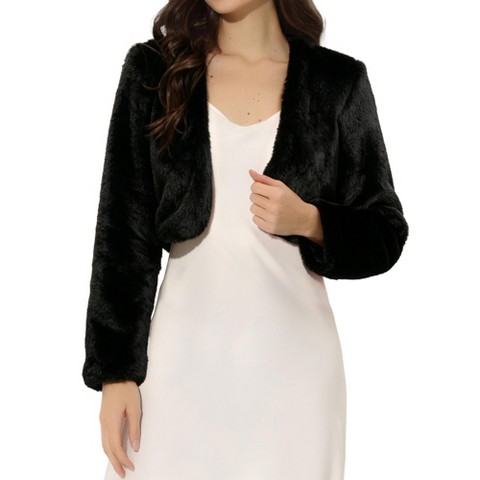 Allegra K INSPIRE CHIC Women's Cropped Open Front Collarless Long Sleeve Wedding Gown Faux Fur Jacket Medium Black