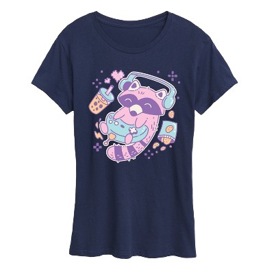 Women's - Instant Message - Kawaii Racoon Gamer Short Sleeve Graphic T-Shirt