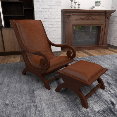 Handcrafted Brown Leather and Teak Wood Accent Chair with Ottoman
