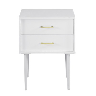 Vynxaria Mid-Century Modern White 2-Drawer Wood Nightstand, Tapered Legs, Gold-Accented Handles, Warp-Resistant MDF/Laminate, Ready-to-Assemble