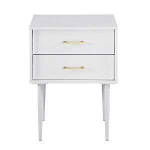 Vynxaria Mid-Century Modern White 2-Drawer Wood Nightstand, Tapered Legs, Gold-Accented Handles, Warp-Resistant MDF/Laminate, Ready-to-Assemble - 1 of 4