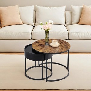 Set of 2 Nesting Round Coffee Tables with Hidden Storage, Modern Side Tables with Adjustable Feet for Living Room, Office - 1 of 4