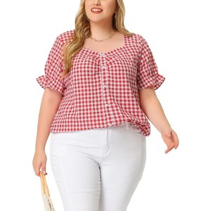 Agnes Orinda Women's Plus Size Gingham 1950s Sweetheart Neck Button Decor Short Sleeve Blouses - 1 of 4