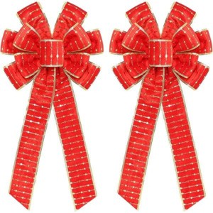 2PCS Red/Gold Velvet Christmas Bows with Gold Shiny Patches - 11"x19.6" Holiday Decor for Tree Topper Wreaths Door Windows Fireplace Fence Porch Gifts - 1 of 2