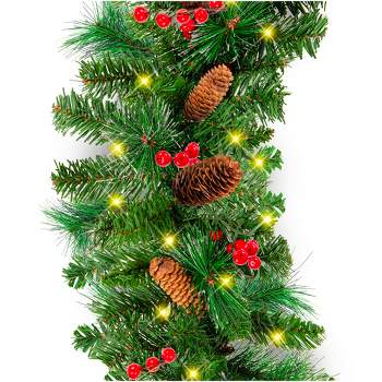 Best Choice Products 9ft Pre-Lit Pre-Decorated Garland w/ PVC Branch Tips, 50 Lights, Pine Cones, Berries