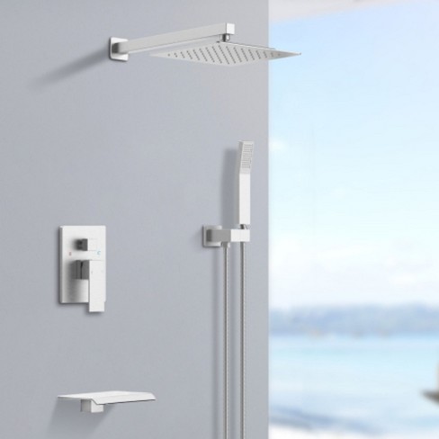 Rain Mixer Shower Faucet Set with Waterfall Tub Spout and Square Rainfall Shower Head, Includes Handheld Spray - image 1 of 4