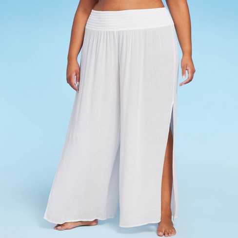Women's Smocked Waist Side Slit Cover Up Pants - Kona Sol™ White