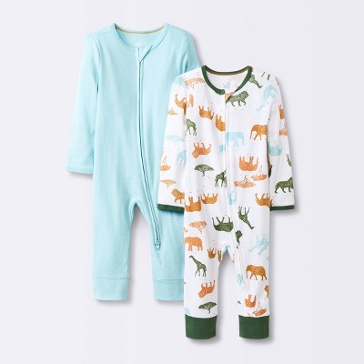 Image of Baby Boys' 2pk Safari Animals Zip Romper - Cloud Island™ Light Blue 0-3M