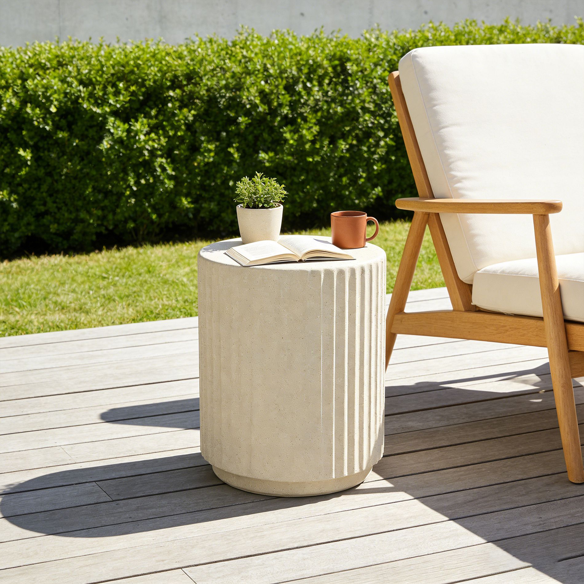 GDFStudio Myers Outdoor Side Table, Cylinder Shaped MgO Patio End Table with Wave Design, Beige
