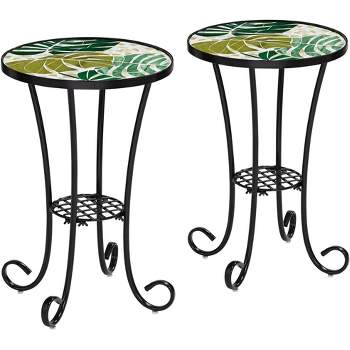 Teal Island Designs Tropical Black Round Outdoor Accent Side Tables 14" Wide Set of 2 Green Leaves Mosaic Tabletop Front Porch Patio Home House