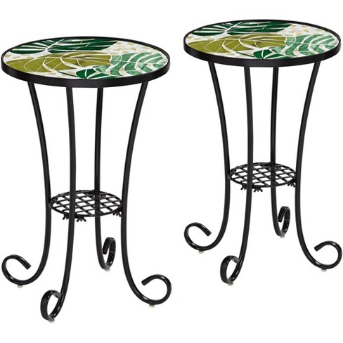 Teal Island Designs Tropical Black Round Outdoor Accent Side Tables 14 Wide Set Of 2 Green Leaves Mosaic Tabletop Front Porch Patio Home House Target