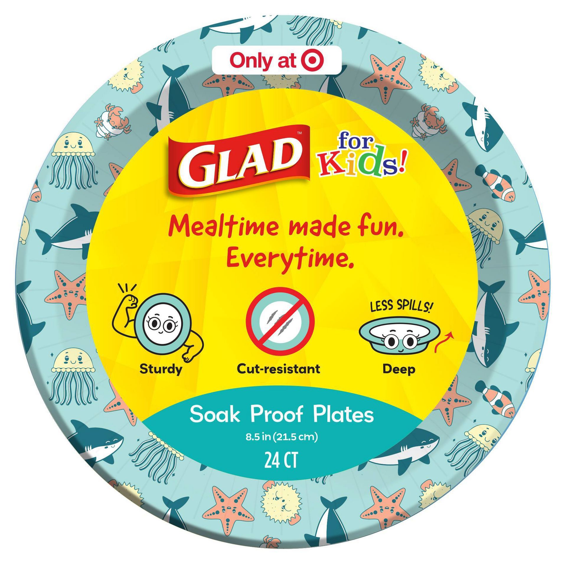 Glad for kids' Happy Sea Creatures Disposable Paper Plates 8.5" - 24ct: Paper Material, Starfish, Fish, Sharks Pattern