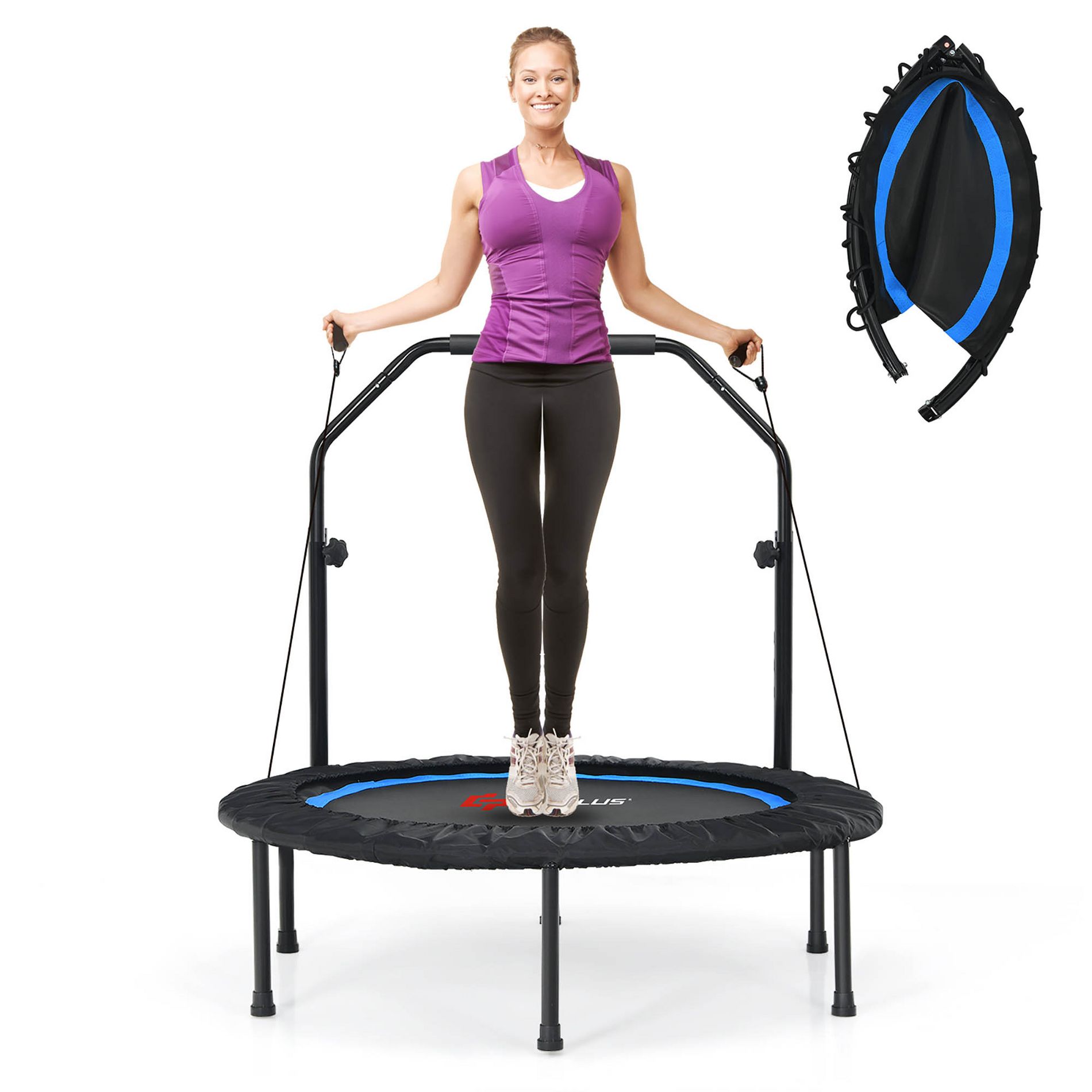 Costway 40" Foldable Adjustable Trampoline Fitness Rebounder with Resistance Bands Home Gym Blue