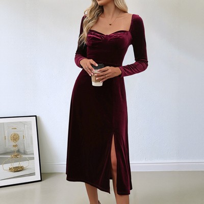 Velvet Midi Dress Cocktail Party Formal Gowns Evening Party Christmas Dresses Long Sleeve Winter Wedding Guest Dress