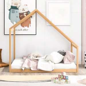 Twin Size Wooden House Bed, Tent-shaped Floor Bed, Fun Playhouse Bed Frames, House Bed Frame With Roof, For Kids Girls & Boys Home Bedroom - 1 of 4