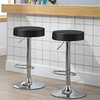 Tangkula Black Round Bar Stool Set of 2 Adjustable Swivel Pub Chair U Leather W/ Footrest