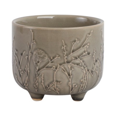 Ceramic Ceramic Planter with Textured Botanical Design, Footed Garden Pot for Home & Outdoor Decor - 5" Cream