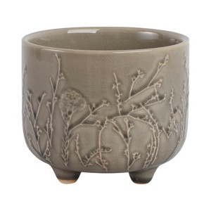 Ceramic Ceramic Planter with Textured Botanical Design, Footed Garden Pot for Home & Outdoor Decor - 5" Cream - 1 of 4