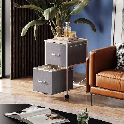 Light Gray Fabric and Steel 2-Drawer Mobile File Cabinet with Wooden Top