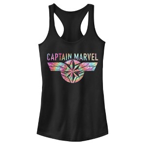 Juniors Womens Marvel Captain Marvel Logo Banner Tie Dye Colors Racerback Tank Top - 1 of 4