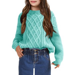 Girls Long Sleeve Cable Knit Sweater Crewneck Pullover Sweaters Kids Chunky Cute Fall Jumper Tops - 1 of 4