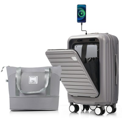 Carry On Luggage with USB Port and Cup Holder, 2-Piece Expandable Travel Set for Airplane Use, 20 Inch Tote Combo - Cuddlewood