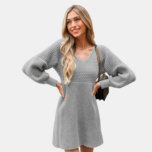 V Neck Knit Sweater Dress - Grey
