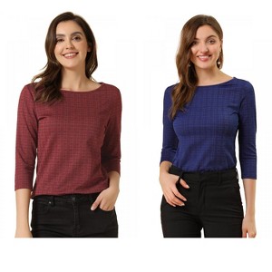 INSPIRE CHIC Women's Work Office 3/4 Sleeve Boat Neck Houndstooth Printed Blouse 2 Packs - 1 of 4