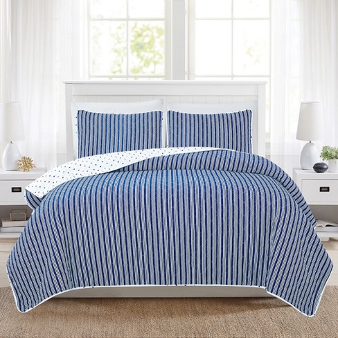 Market & Place Nora Striped Reversible Quilt Set King Navy : Target