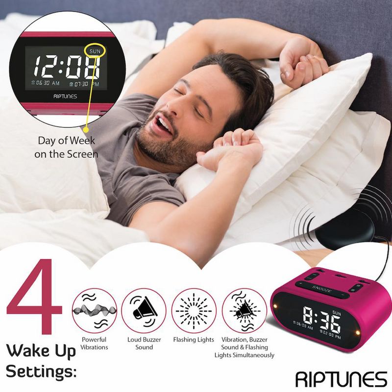 Riptunes 3-In-1 Vibrating Alarm Clock with Bed Shaker - Pink, 3 of 6