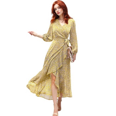 Anna-Kaci Women's Surplice V-Neck Floral Print Tie Wrap Long Sleeve Midi Flared Dress - Medium, Yellow